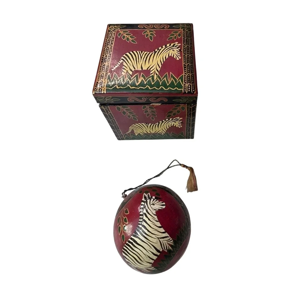 Hand Painted Zebra Wooden Trinket Box and Matching Egg‎ Ornament Set Folk Art S3